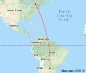 Map showing the distance from Ottawa to Pilar, Paraguay